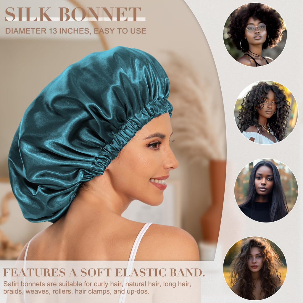 Satin Bonnet Silk Bonnet Hair Bonnet for Sleeping-Slouchy Beanie Hat Satin Sleep Cap for Women's Natural & Curly Hair(Blue Zircon)