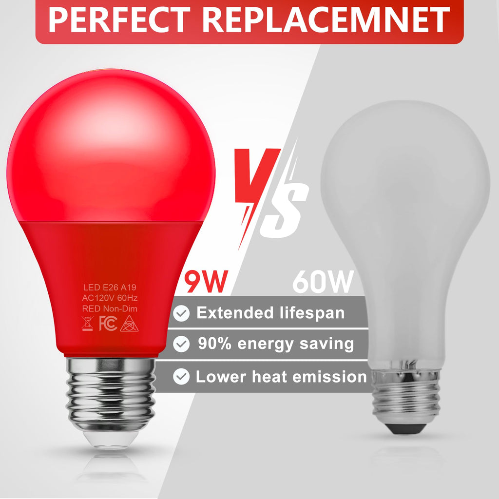 Red Light Bulbs [2 Pack] A19 LED Red Light Bulbs Indoor/Outdoor, Christmas Light Bulbs 9W (60W Equivalent) E26 Base 720LM Porch Light Bulbs, LED Light Bulb for Halloween Christmas Light Bulbs