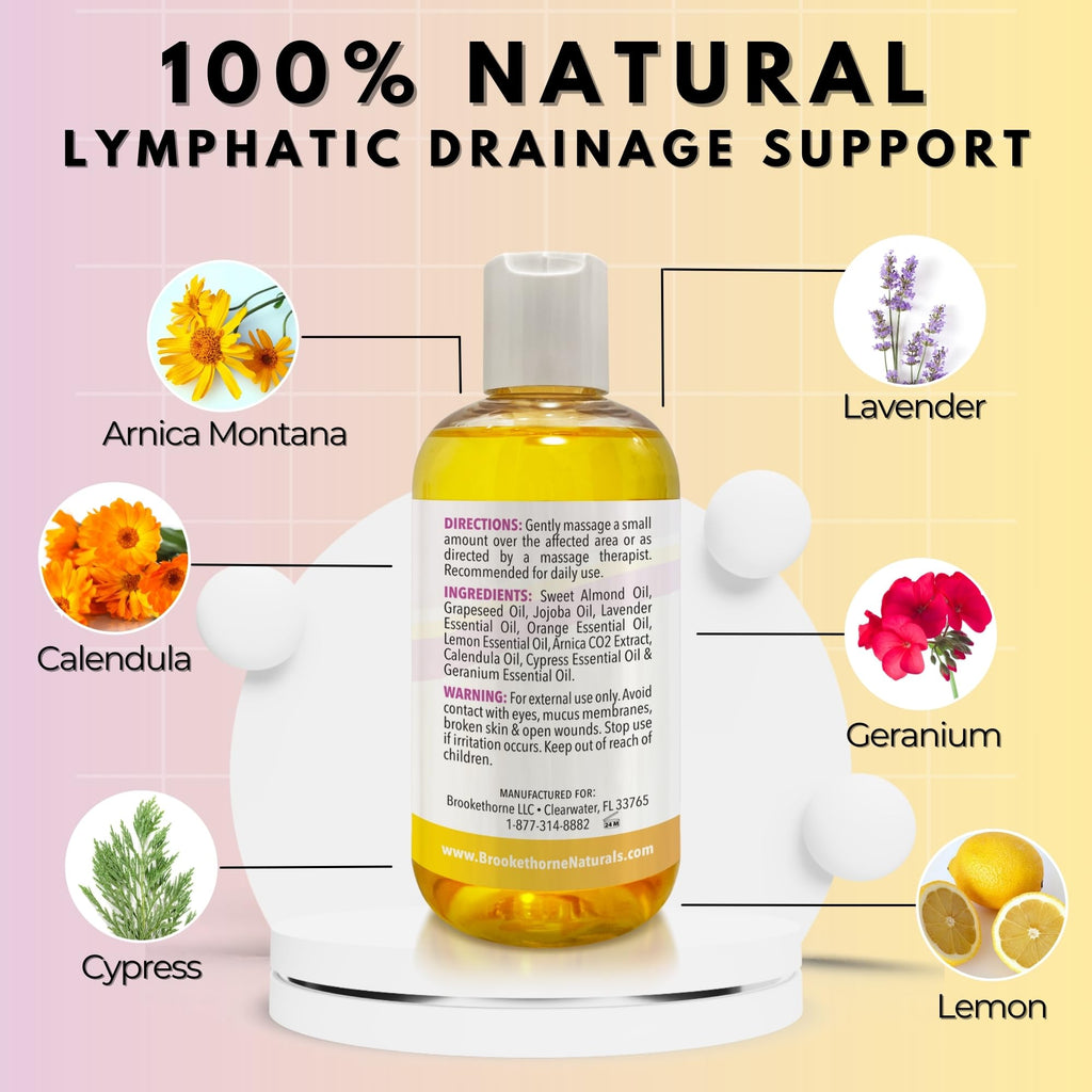 Lymphatic Massage Oil for Natural Lymphatic Drainage | Massage Oil for Massage Therapy | Premium Quality with Arnica & Lavender Oil | for Post Surgery Recovery & Detox | 8oz by Brookethorne Naturals