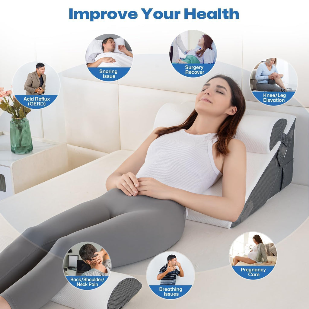 GOHOME Cooling Wedge Pillow Set for After Surgery, 4-Piece Adjustable Memory Foam Bed Wedge Pillow for Sleeping, Acid Reflux, Snoring, Neck Pain and Back Pain, White and Grey