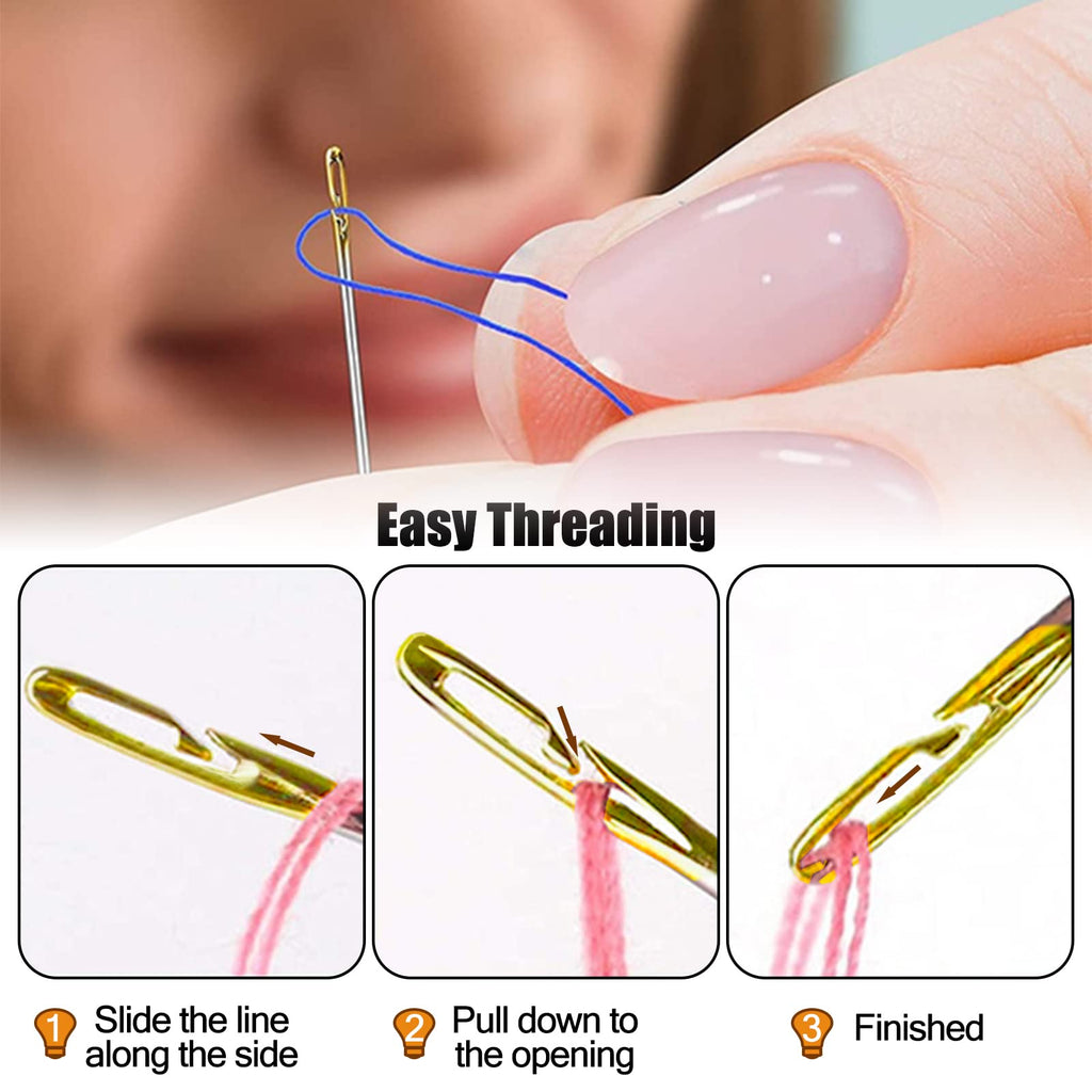 YAWALL Self Threading Needles for Hand Sewing - 24 Pieces Easy Thread Needles for Hand Sewing,Embroidery Side Threading Hand Sewing Needles with Wooden Needle Case Carving Pattern