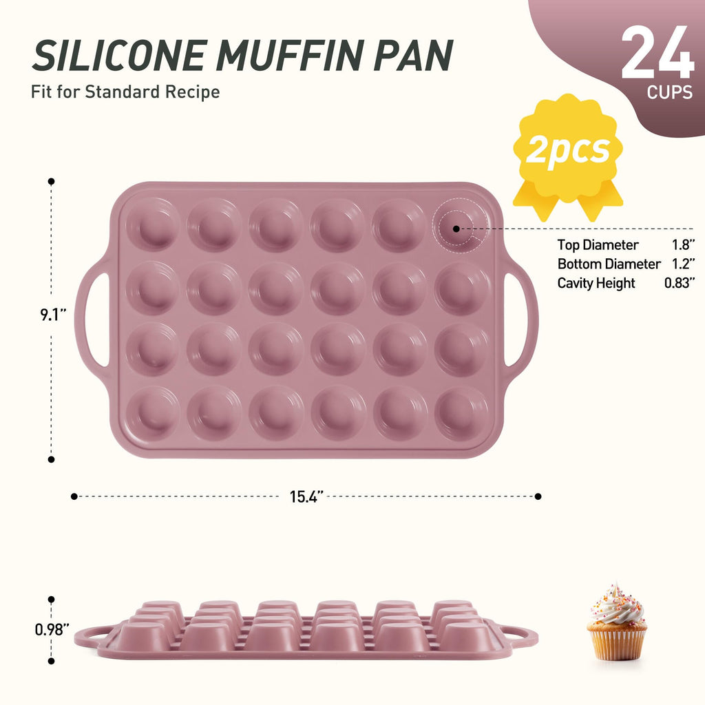2 Packs 24 Cups Silicone Muffin Pan with Metal Reinforced Frame Mini Size Cupcake Pan Tray Egg Bites Silicone Circle Cookie Molds Muffin Tin Tart Pans Baking Sheet Set for Breakfast Sandwiches
