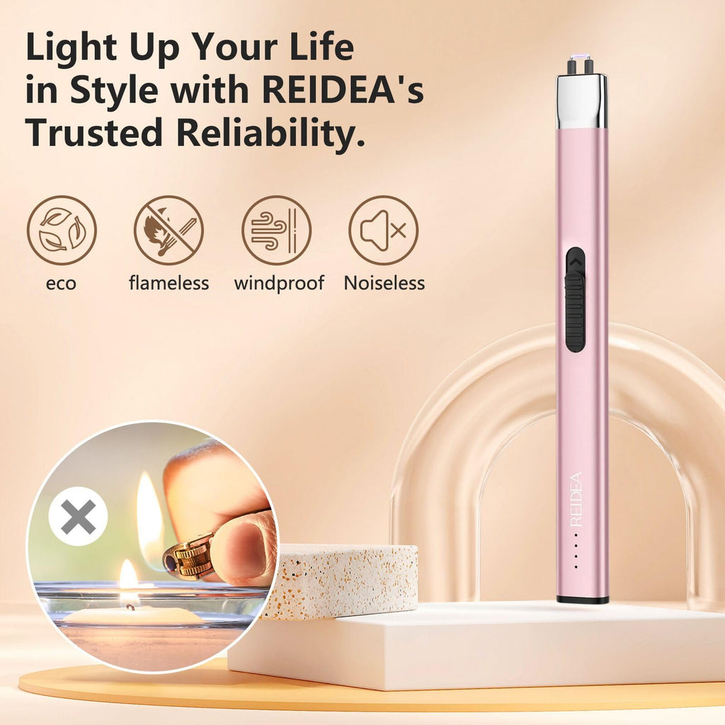REIDEA Electric Lighter R1 Flat Candle Lighter, Windproof Flameless USB Rechargeable Arc Lighter with Safe Button and Power Indicator for Candle, BBQ and Fireworks, Rose Gold