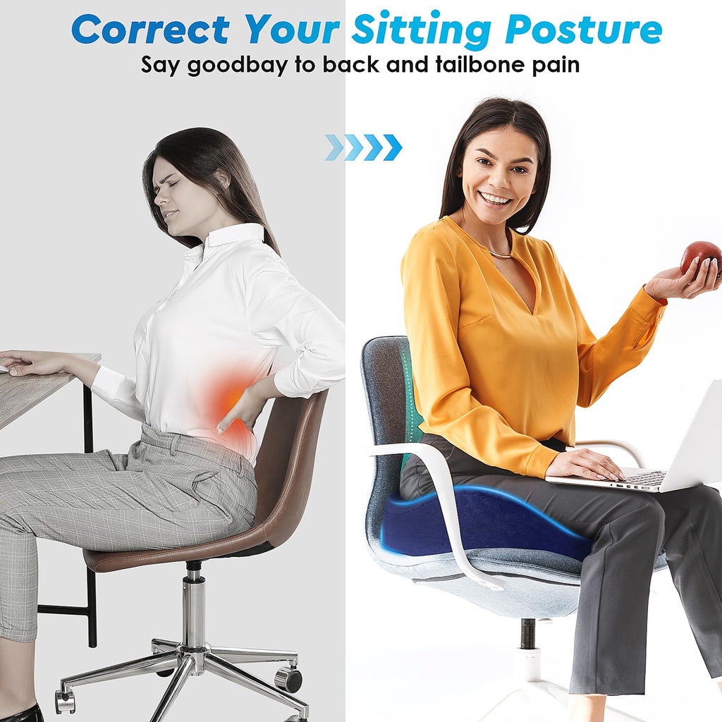 CushyOasis Seat Cushion, Chair Cushions, Office Chair Cushions, Anti-Slip Bottom & Removable Cover Tailbone Pain Relief Cushion, Memory Foam Seat Cushion, 5.28 in Thick (Blue)