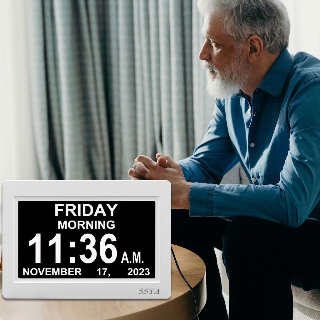 SSYA Digital Calendar Alarm Clock - Dementia Clocks for Vision Impaired, Elderly, Memory Loss Clock with Non-Abbreviated Clock with Date and Day (7 inch)
