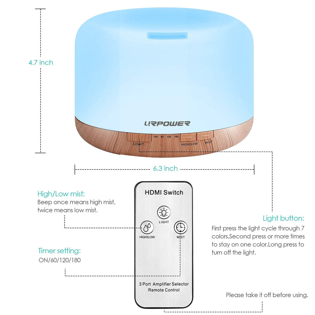 URPOWER 500ml Aromatherapy Essential Oil Diffuser Humidifier Room Decor Lighting with 4 Timer Settings, 7 LED Color Changing Lamp and Waterless Auto Shut-Off
