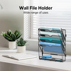 5 Tier Wall File Organizer - Hanging File Organizer with 5 Hooks, Mail Holder Wall Mounted for Papers, Folders, Magazines, Bills, Office&School Organization, Black