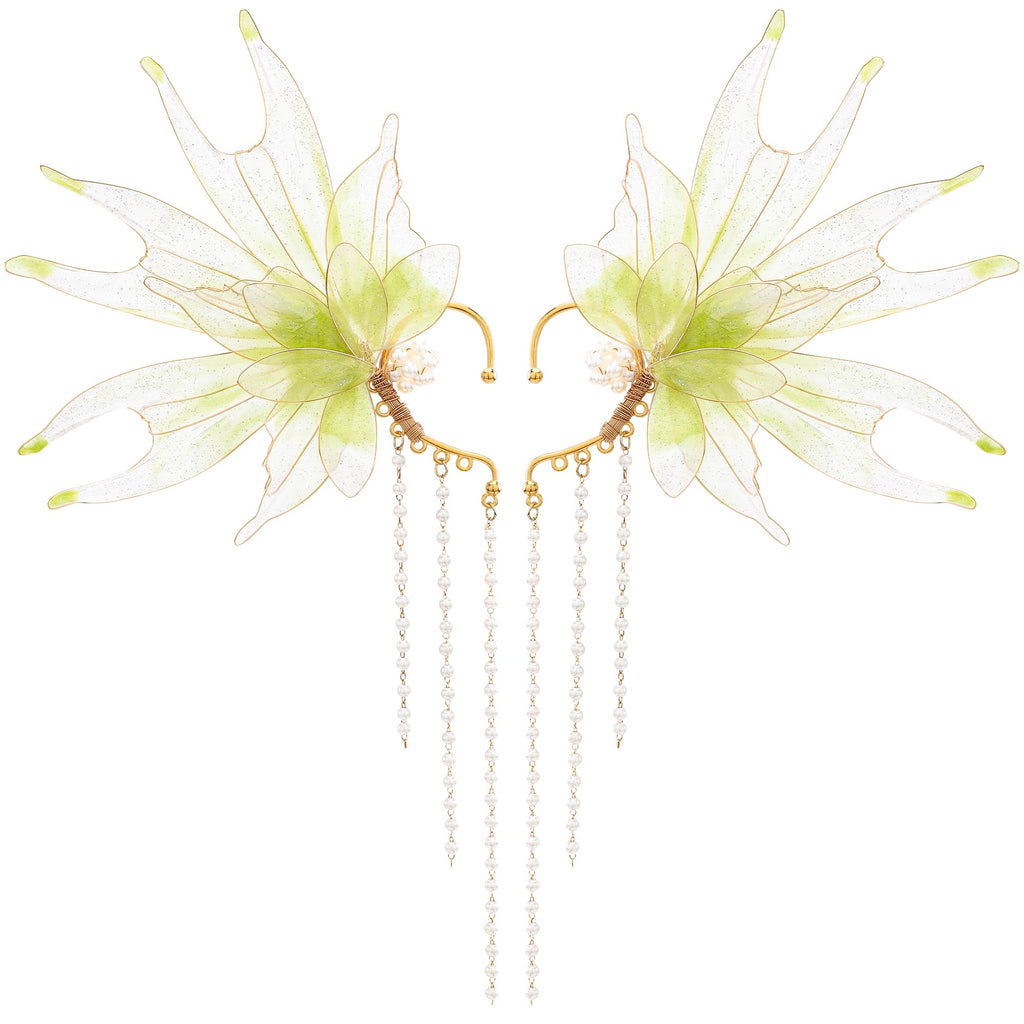 FRESHME Mermaid Elf Ear Cuffs - Fairy Ears Elven Mermaid Green Auricular Fins Earring with Tassel Non Piercing Ear Clips Dress Up Cosplay Renaissance Christmas Halloween Accessories for Women Adult
