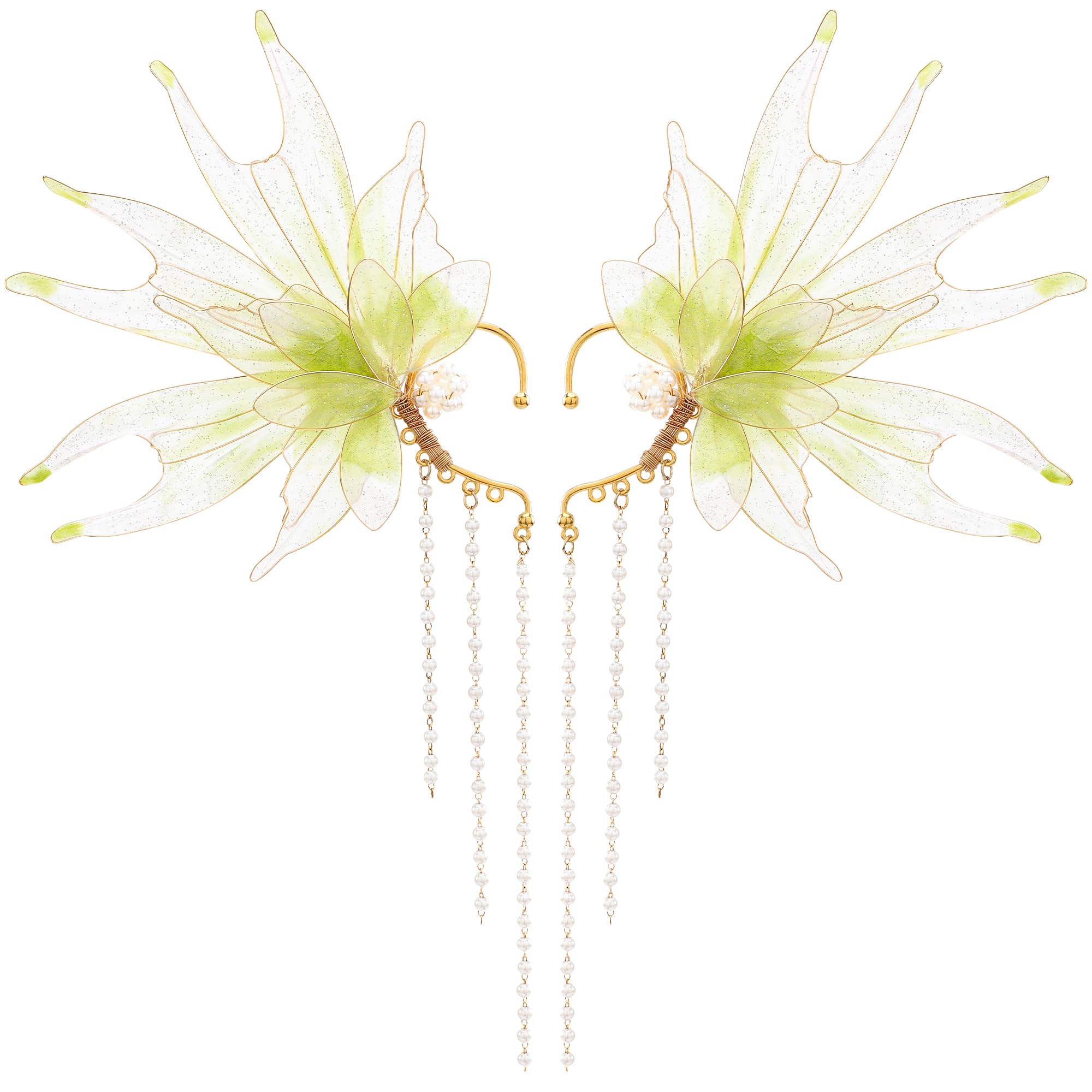FRESHME Mermaid Elf Ear Cuffs - Fairy Ears Elven Mermaid Green Auricular Fins Earring with Tassel Non Piercing Ear Clips Dress Up Cosplay Renaissance Christmas Halloween Accessories for Women Adult