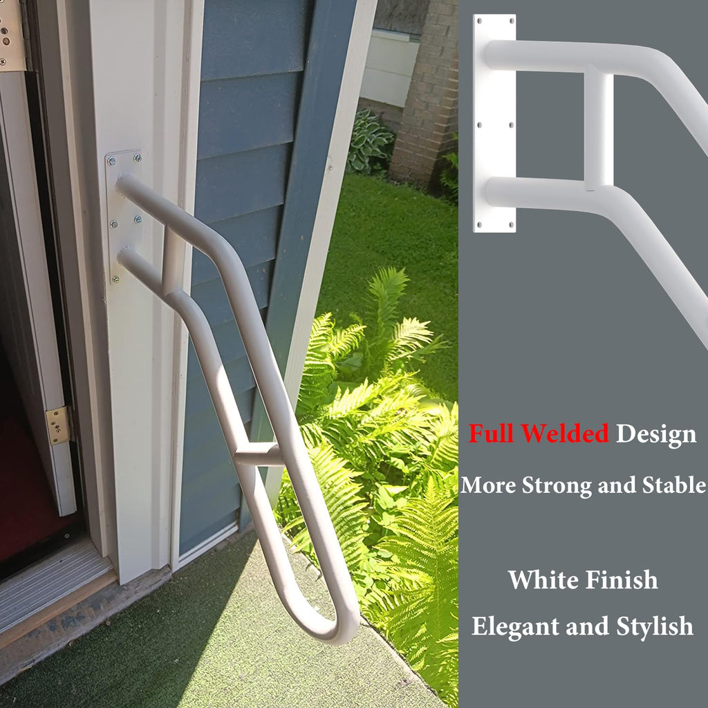 2 Pack Handrails for Outdoor Steps, Upgraded 27" Bent White Stair Handrails for Indoor or Outdoor, Wall Mounted Hand Stair Railings with Anti-Skid Crossbar, Safety for Elderly, Kids, Disabled