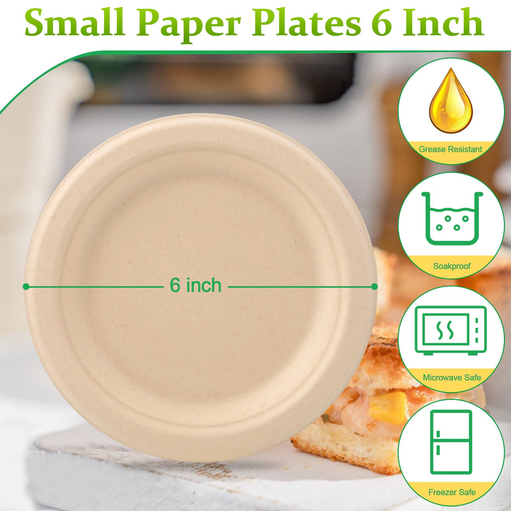 Greconv 150 Pack Bulk Paper Plates, Small Paper Plates 6 inch, 100% Compostable Plates Eco Friendly Disposable Plates, Brown Paper Plates for Dessert Cake Appetizer