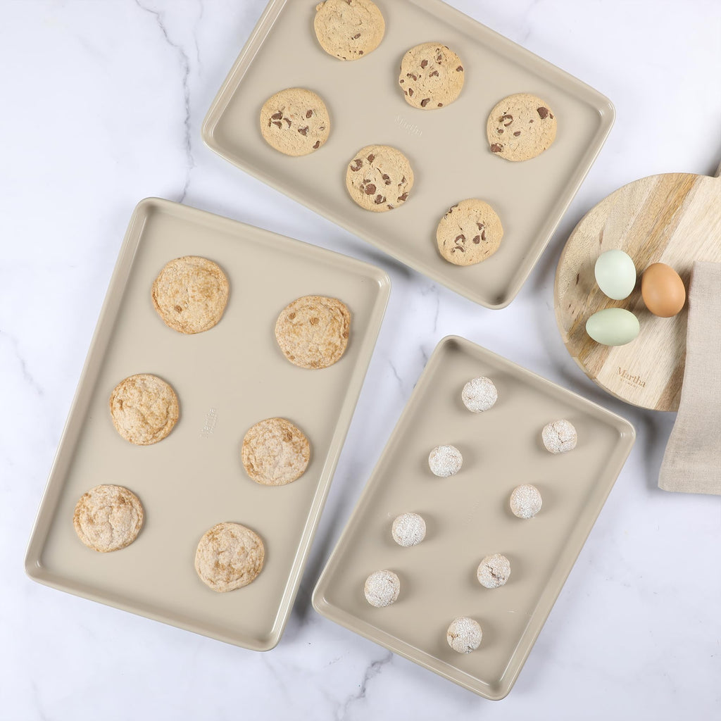 Martha Stewart Gallen 3-Piece Cookie Sheet Set – 13", 15", 17" Baking Pans, Ceramic Nonstick, PFA-Free, Carbon Steel – Oven Safe to 450°F, Warp-Resistant, Easy to Clean - Taupe