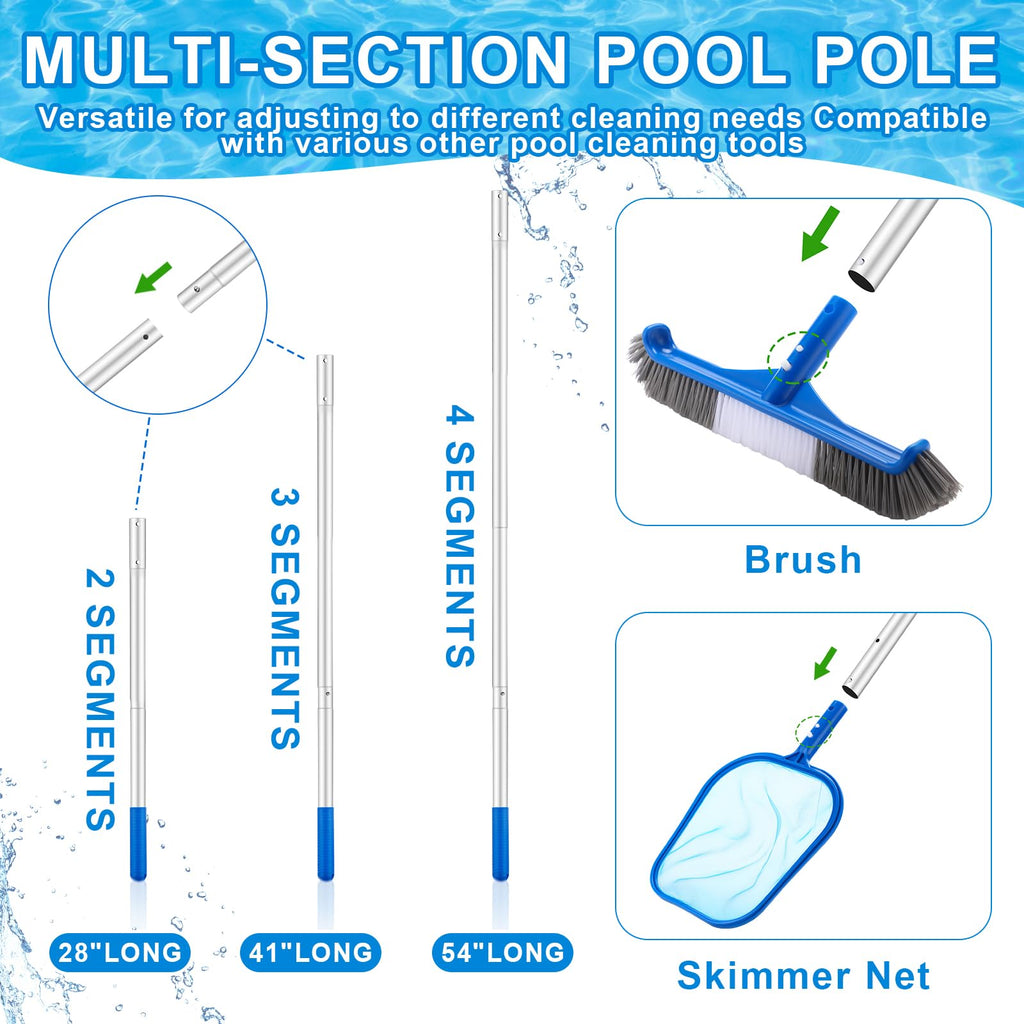 Potchen 3 Pcs Pool Cleaning Kit with Hand Skimmer Net, 47.24" Aluminum Pole and 17.5" Long Pool Brush Maintenance Accessory Tool for Above Ground Inground Ponds Home Tubs Spa