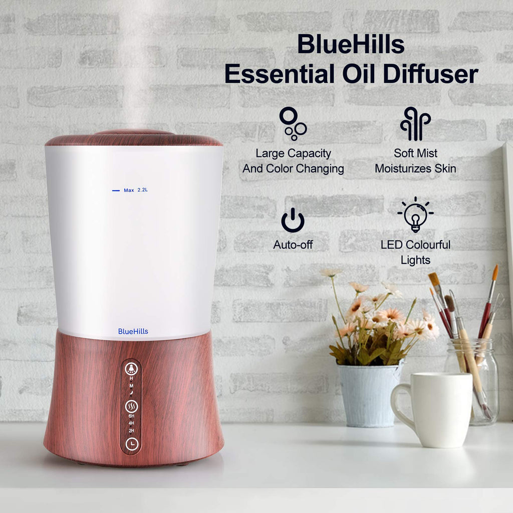 BlueHills Large 2000 ML XL Essential Oil Diffuser Aroma Humidifier 2 Liter Capacity for Big Living Room Home Baby Long Run XL Huge Coverage Area High Mist Timer Dark Wood Grain 2L S3