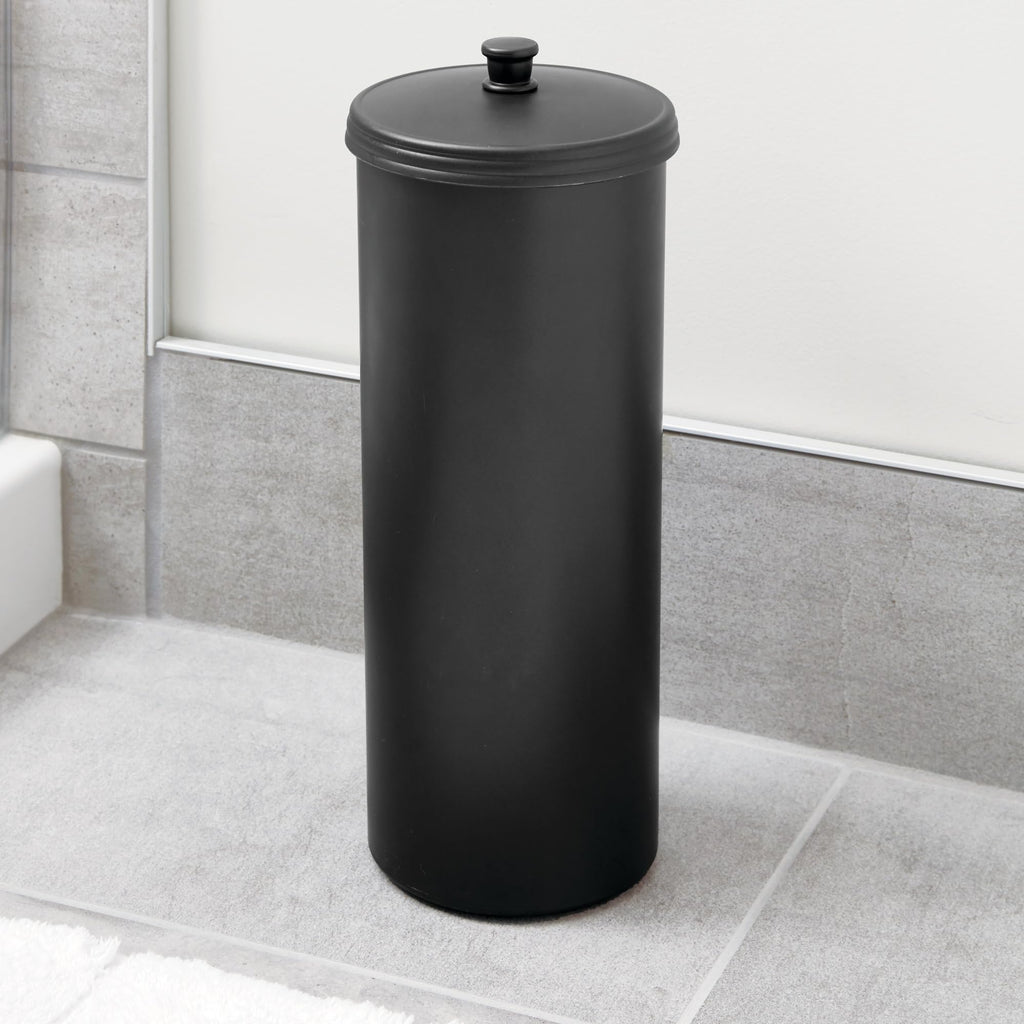 iDesign Freestanding Bathroom Toilet Paper Storage Holder with Lid for 3 Extra Rolls, Matte Black