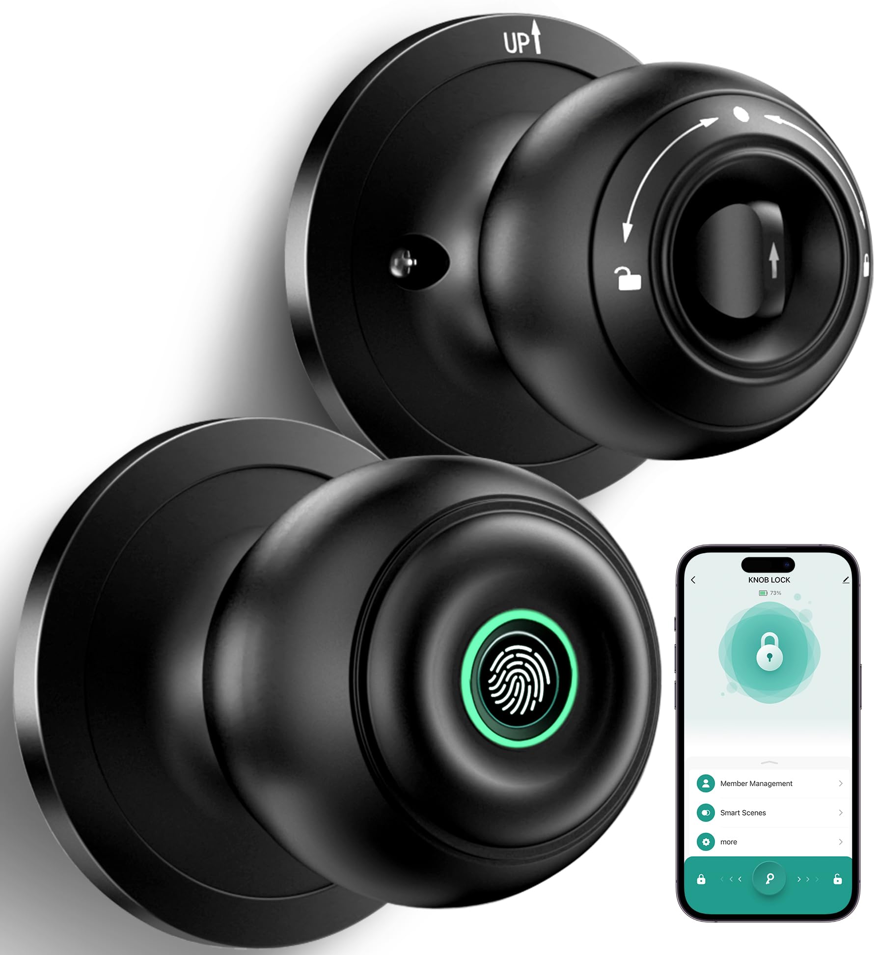Fingerprint Door Lock, Smart Fingerprint Door Knob with Lock, Biometric Door knob with App Control & Key, Keyless Thumbprint Entry Door Lock for Bedroom, Front Door, Home, Apartment Office-Matte Black