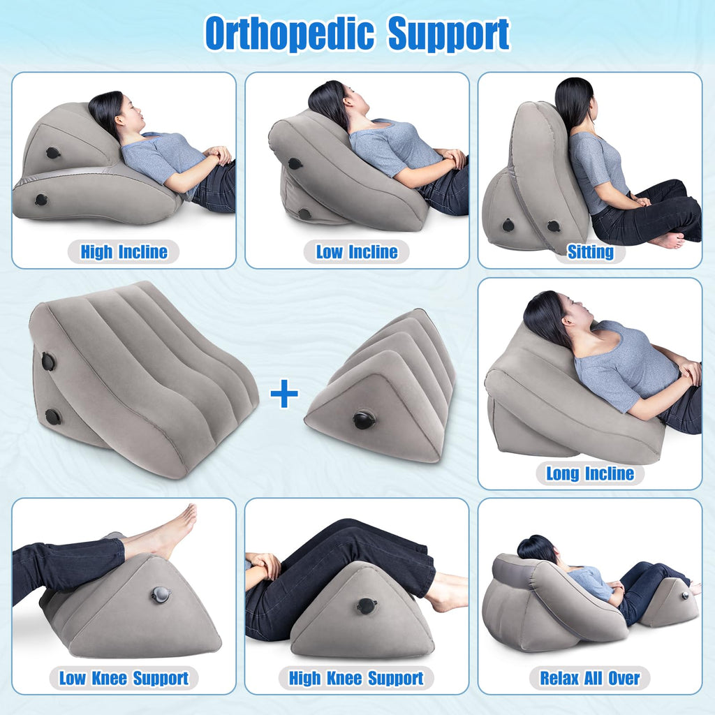 SAHEYER Inflatable Bed Wedge Pillow Set, 2 PCS Post Surgery Support Pillow for Back, Knees, Leg Pain Relief, Adjustable Sitting Pillows for Anti Snoring, Heartburn, GERD Sleeping (Gray)
