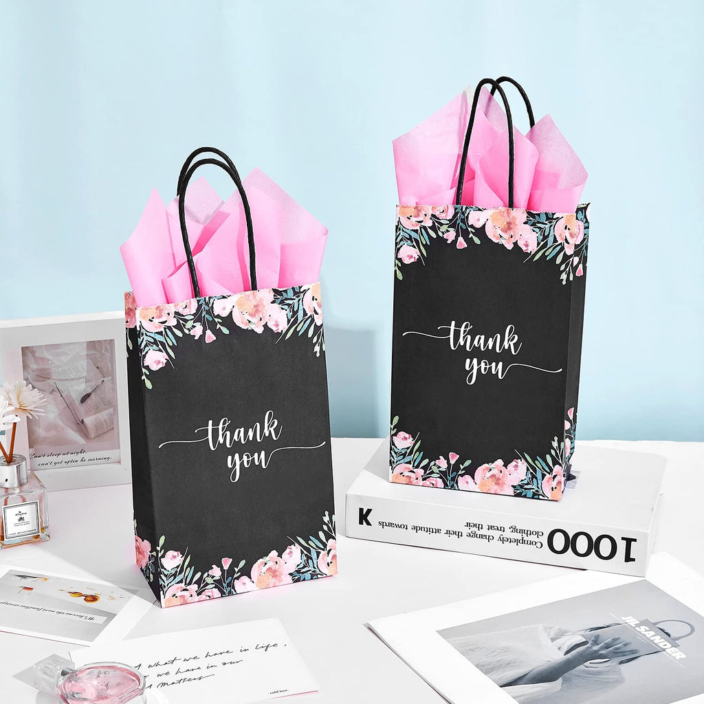 DjinnGlory 50 Pack Small Black & Floral Thank You Paper Bags Spring Gift Bags with Handles 9 x5.5 x3.15 Inches and 24 Pink Tissue Paper for Mother's Day Wedding Baby Shower Birthday Parties