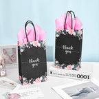 DjinnGlory 50 Pack Small Black & Floral Thank You Paper Bags Spring Gift Bags with Handles 9 x5.5 x3.15 Inches and 24 Pink Tissue Paper for Mother's Day Wedding Baby Shower Birthday Parties