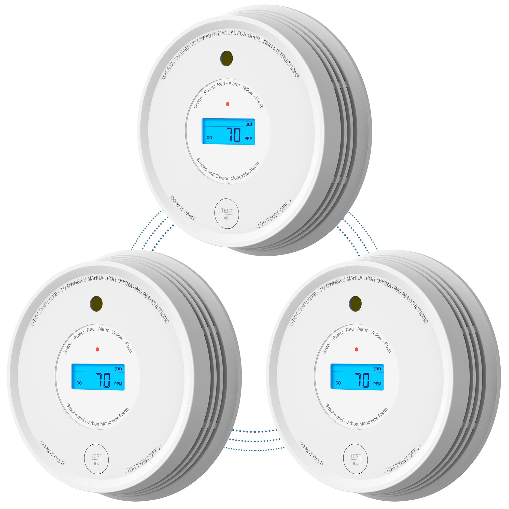AEGISLINK Smoke Carbon Monoxide Detector, Interlinked Combination Smoke CO Alarm, Battery Powered, Wireless Interconnected, Digital Display, SC-RF220, 3-Pack