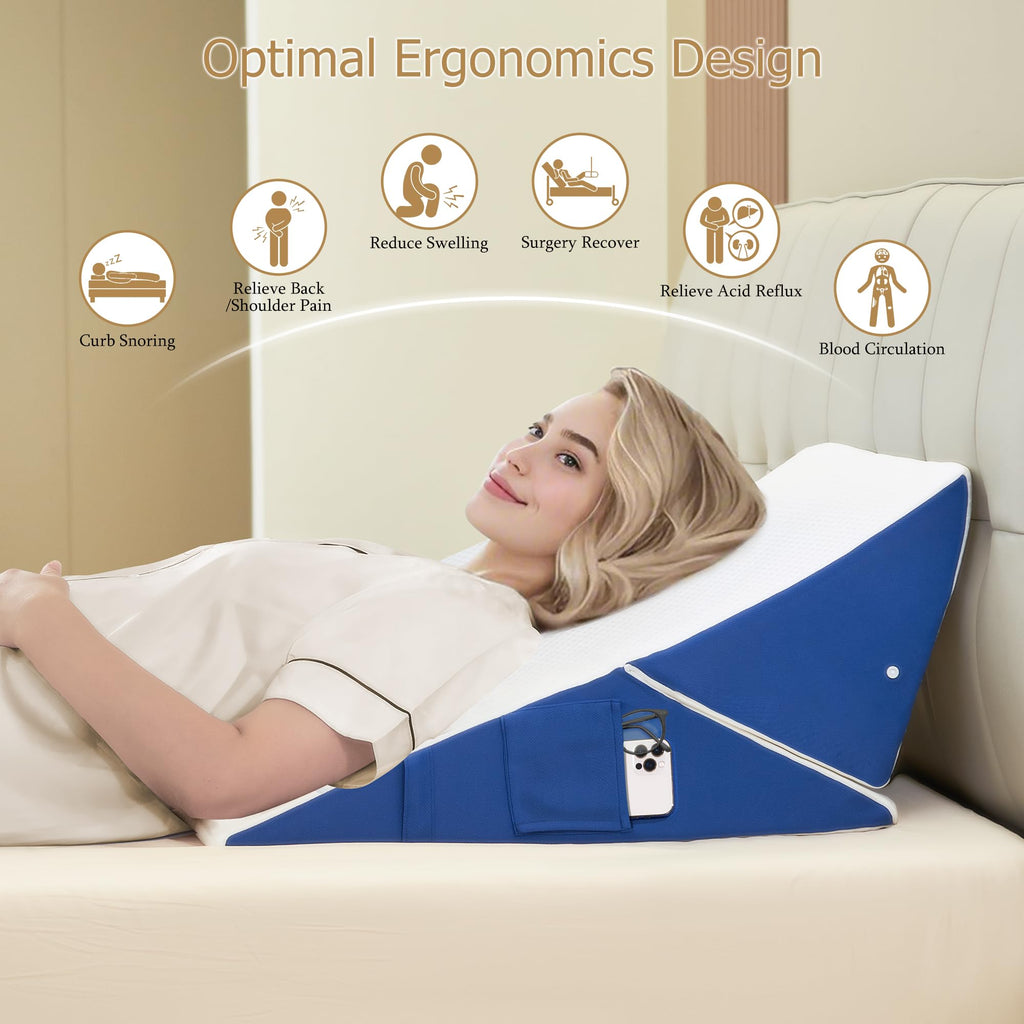 Pilyore Wedge Pillow for Sleeping, 7-in-1 Adjustable Bed Wedge Pillow for Back/Leg Support, 10" & 12" Triangle Pillow Wedge Elevated Pillows for Sleeping with Handle and Washable Cover, Blue & White