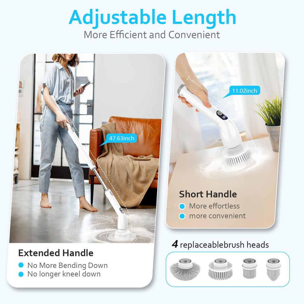 TUYU Electric Spin Scrubber, 2024 Full-Body IPX7 Waterproof Bathroom Scrubbe with Power LCD Display, Adjustable Extension Handle Electric Cleaning Brush for Bathroom, Tub, Tile