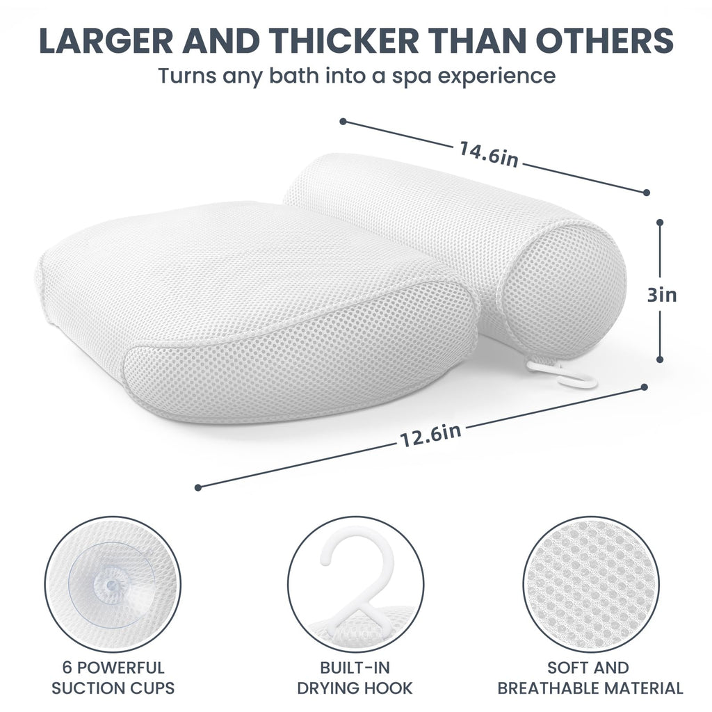 LuxStep Bath Pillow Bathtub Pillow with 6 Non-Slip Suction Cups,14.6x12.6 Inch, Extra Thick and Soft Air Mesh Pillow for Bath - Fits All Bathtub, White
