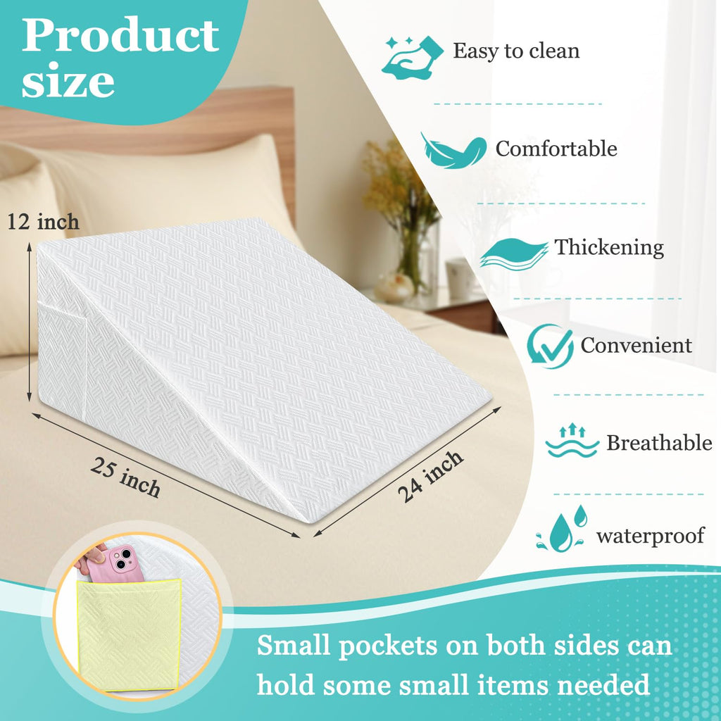 Wedge Pillow Case Cover 25x24x12 Bed Wedge Pillowcase Triangle Incline Wedge Pillow Covers for Sleeping Waterproof Pillow Cases Protector with Zipper & Pocket (Waterproof Wedge Pillow Cover Only)