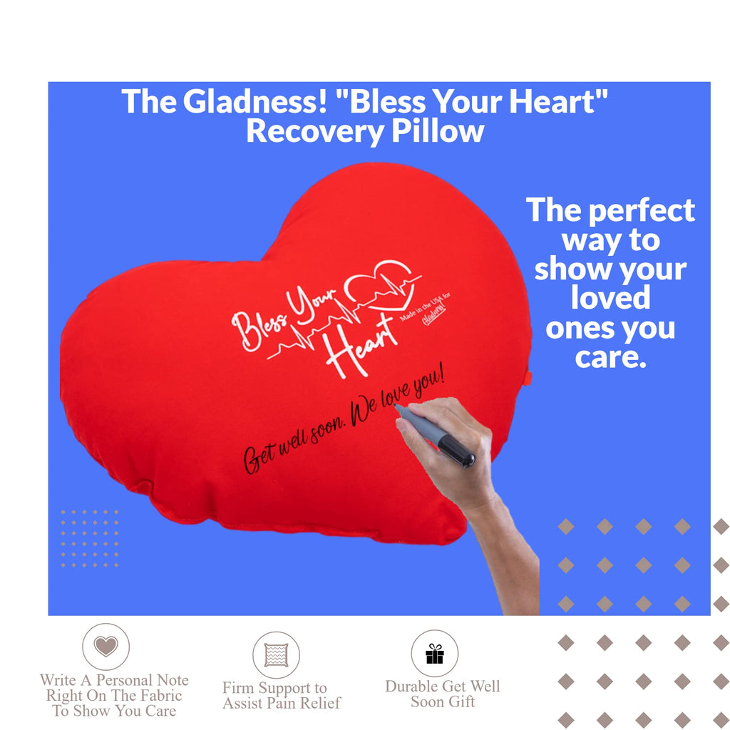 Gladness! Heart Pillow for After Bypass Open Heart Surgery, Mastectomy, Post Surgical Recovery Cough Seat Belt Pillow Bless Your Heart Get Well Soon Cardiac Patient Gift Pillow with Autograph Pen