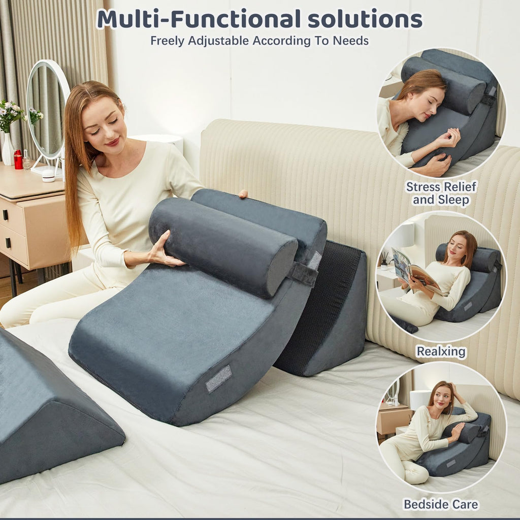PIASHJOY 4pcs Bed Wedge Pillow Post Surgery,Wedge Pillow for Sleep apnea for Relief of Body Back and Leg Pain,Acid Reflux and Anti-snoring.