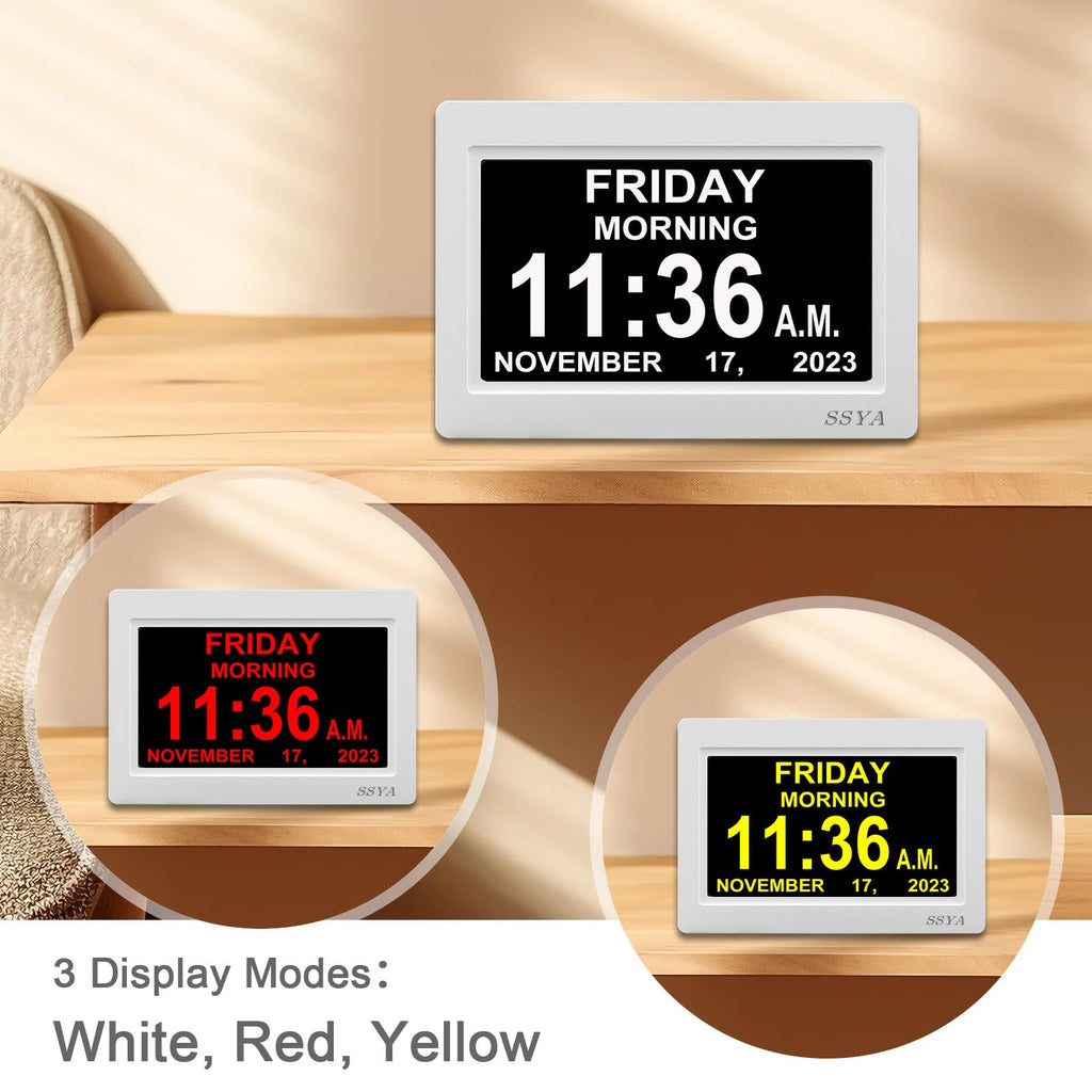 SSYA Digital Calendar Alarm Clock - Dementia Clocks for Vision Impaired, Elderly, Memory Loss Clock with Non-Abbreviated Clock with Date and Day (7 inch)