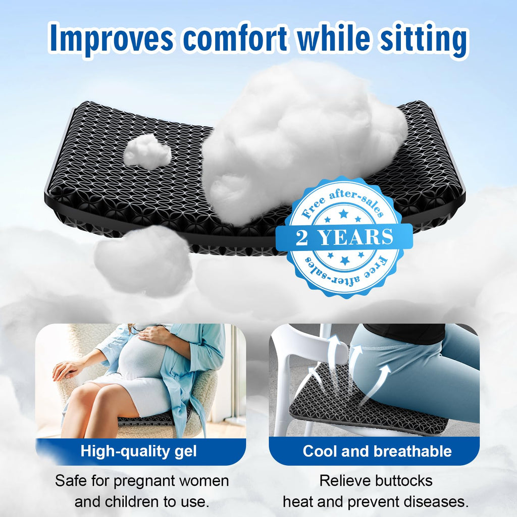 Seat Cushion, Gel Seat Cushion, Breathable Cool Suitable as Office Chair Cushion, Car Seat Cushion, Wheelchair Cushion, Large Size, Strong Support, Relieve Sciatica and Backache, 2 Anti-Slip Covers