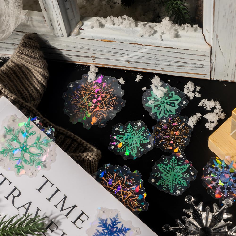Yoksas 120 Pieces Fantasy Snowflake Stickers - Transparent, Waterproof, Holographic Christmas Decorations Winter Stickers for Junk Journals, Scrapbooking, Gift Wrapping