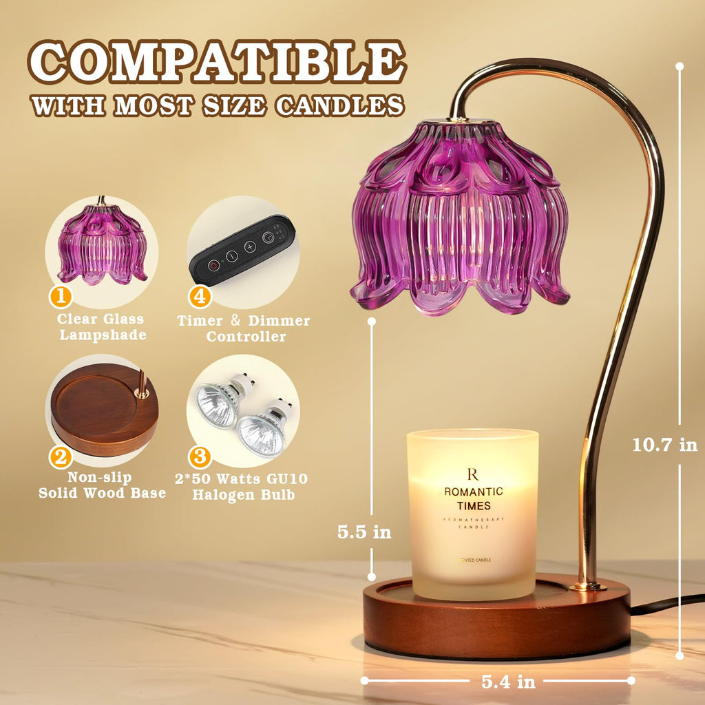 Dimmable Flower Candle Warmer Lamp with Timer, Purple Candle Lamp Warmer for Jar Candle, 2024 Womens Gifts for Christmas, Xmas Gifts for Mom Unique, Home Decor for Bedroom Living Room Decor Aesthetic