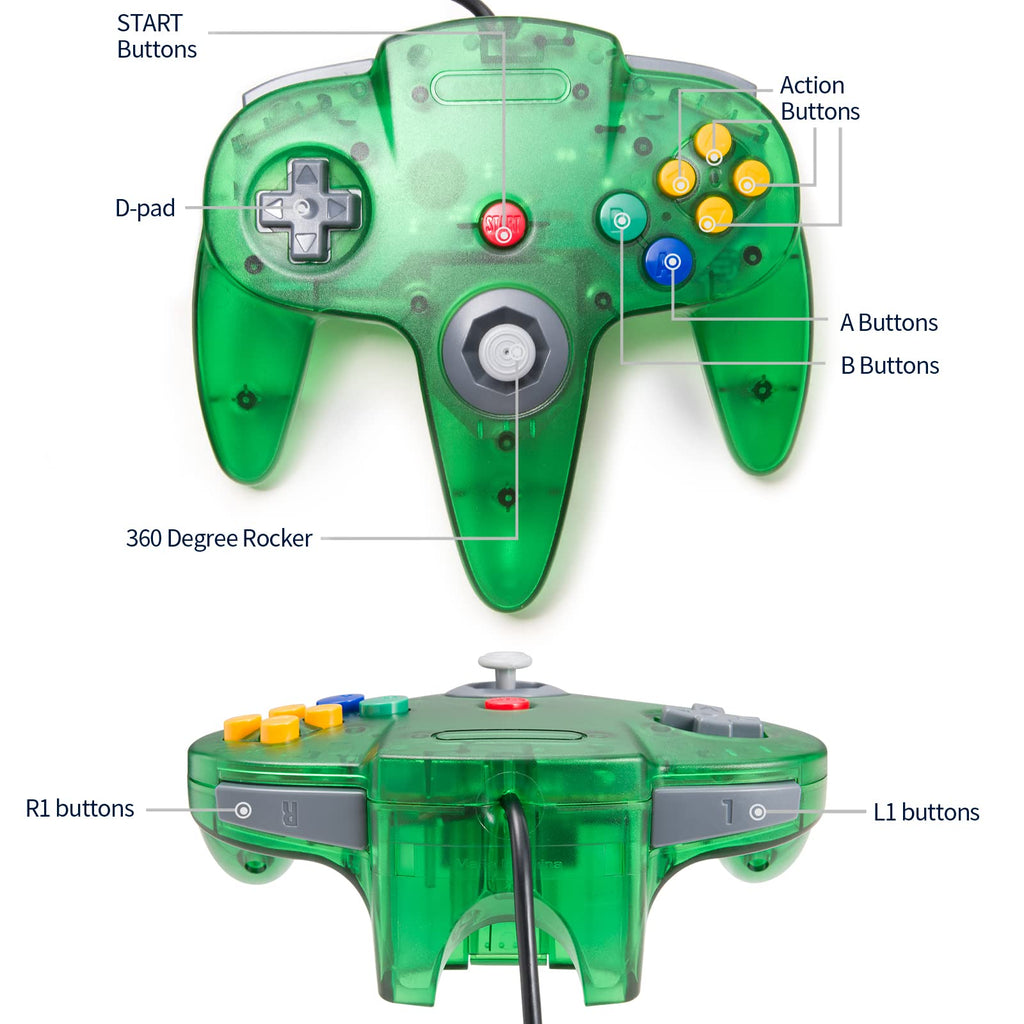KIWITATA Classic N64 Controller, Retro N64 Wired Gaming Remote Joystick Replacement Controller for N64 System Video Games Console Clear Green