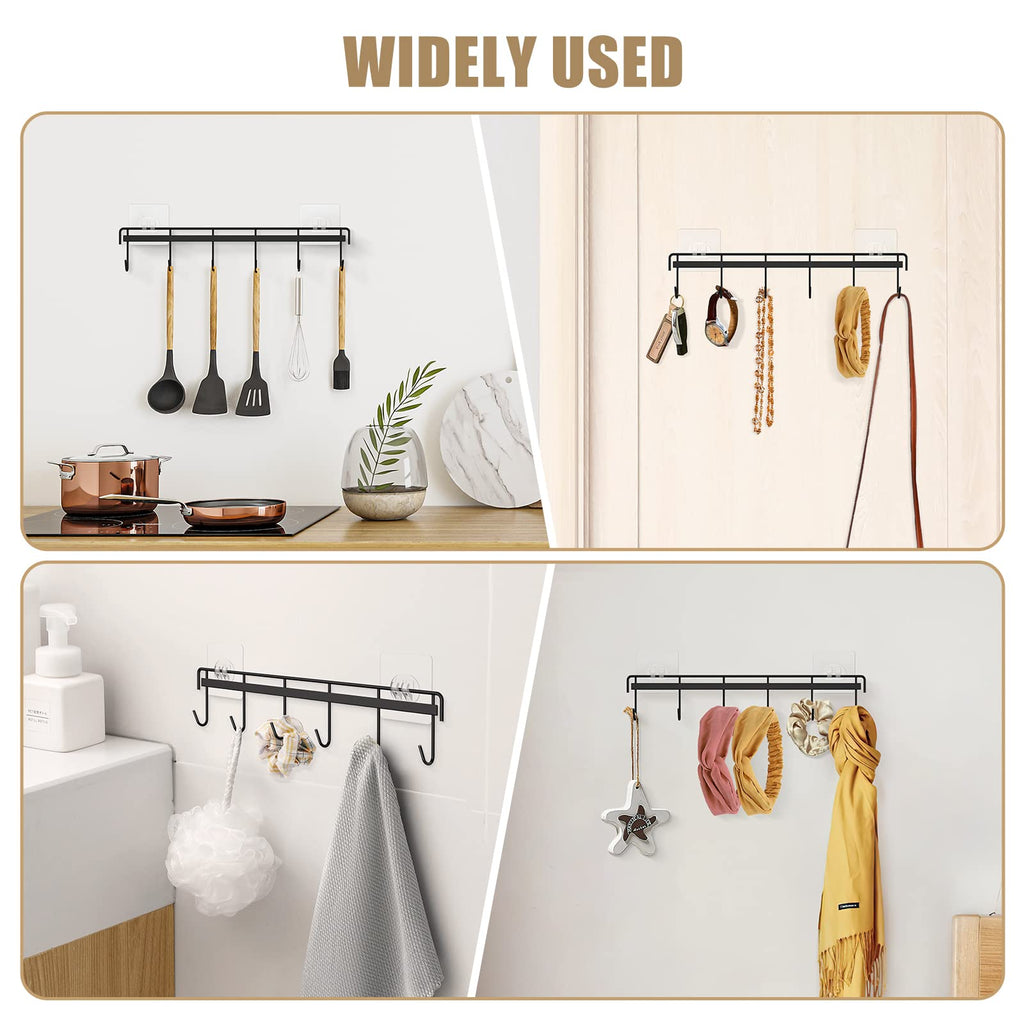 HOMEBROS Kitchen Utensil Hanger, Adhesive Utensil Holder Wall Mount Kitchen Rack Rail with 12 Hooks, Space Saving and No Drilling, Black, 2 Pcs