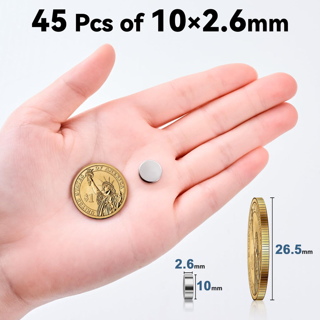 45 Pcs Refrigerator Magnets, 10x2.6mm Small Round Fridge Magnets, Multi-Use Premium Neodymium Office Magnets for Fridge, Whiteboard, Billboard in Home, Kitchen, Office and School (Silver)
