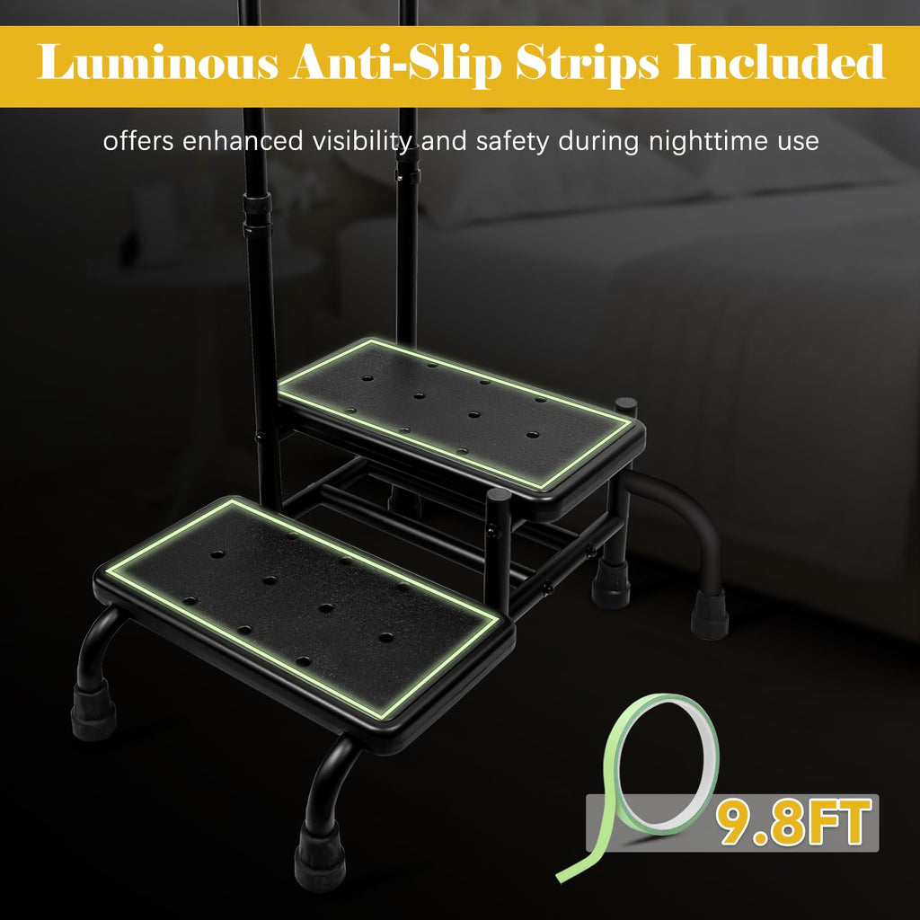 UFIZZY 2 Step Stool with Handle for Elderly with 5 Legs, Heavy Duty Bedside Step Stool for Seniors Adults, Medical Foot Stool with Adjustable Handrail for Kitchen, Bathtub, RV, Holds up to 400LBS