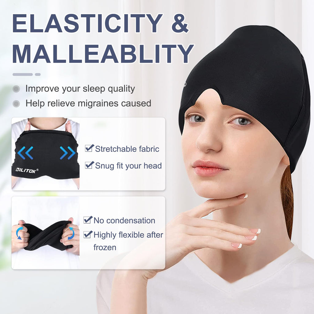 Migraine Relief Gel Ice Head Wrap, Hot and Cold Therapy Headache Relief Hat, Migraine Cap for Puffy Eyes, Headache Eyes Mask for Sinus, Tension and Stress Relief (Black & Blue)