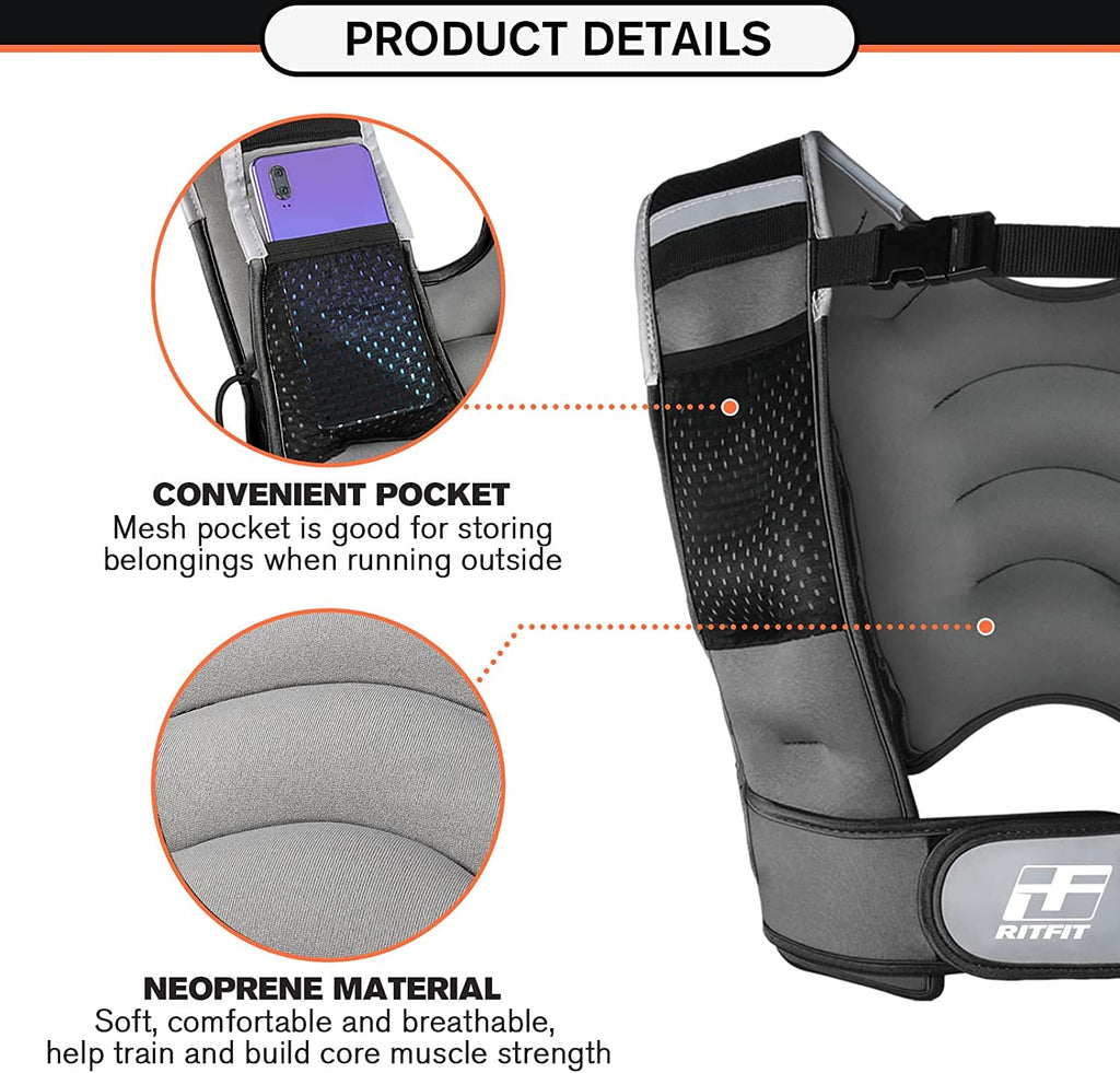 RitFit Weighted Vest 8 Lbs for Men & Women with Adjustable Straps and Reflective Strips, Body Weight Vest for Strength Training and Muscle Building, Neoprene Fabric (White Logo)