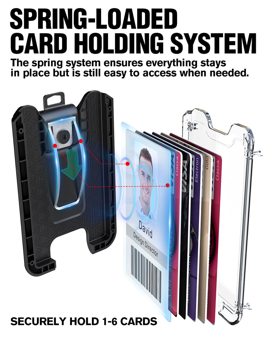 Badge Holder, ID Card Holder with Metal Clip - Durable Polycarbonate (Holds 1 to 4 Cards), Portable Wallet for Office, Laborer, Police, Work, Black