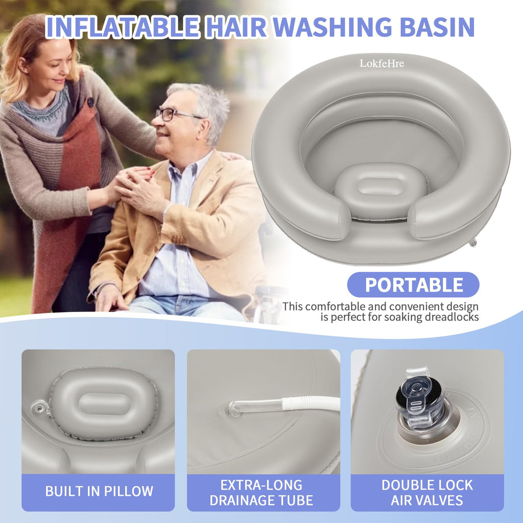 LOKFEHRE Large Portable Inflatable Hair Washing Basin for Bedridden - Wash Hair in Bed with Inflatable Shampoo Bowl.Hair Washing Basin for Elderly,Disabled,Injured,Ideal Inflatable Sink for Locs Detox