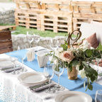 12Pack Disposable Plastic Tablecloths and Satin Table Runner Set White and Light Blue Dot Tablecloth Light Blue Satin Table Runner for Wedding Birthday Baby Shower Engagement Christmas Party Supplies