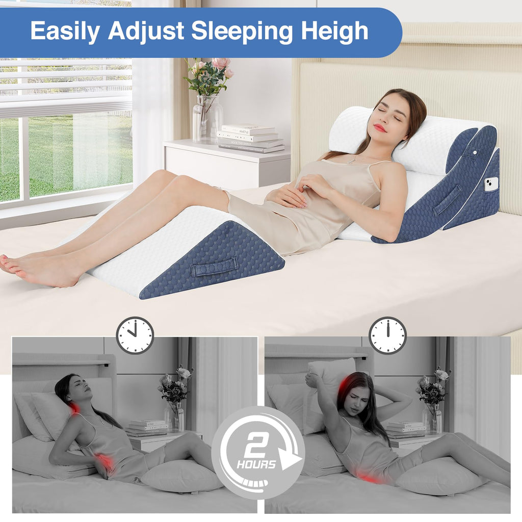 Welzona 4Pcs Orthopedic Bed Wedge Pillow Set for Post Surgery, Gel-Infused Memory Foam Layer Wedge Pillow for Sleep Apnea, Leg, Knee, Back, and Arm Support, Sit up Pillow for Bed