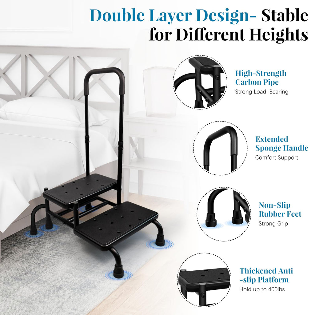Gyykzz 2 Step Stool with Handle for Elderly, Upgrade Heavy Duty Medical Step Stool with 5 Legs, Bed Steps for High Beds with Adjustable Handrail and Non-Slid Platform for Adults, Seniors and Handicap