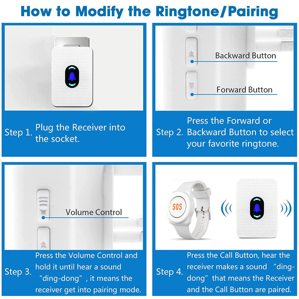 Daytech Wireless Caregiver Pager System Call Button Nurse Alert for Elderly Alert System for Seniors Disabled Patient 1 Alert Watches + 1 Receiver
