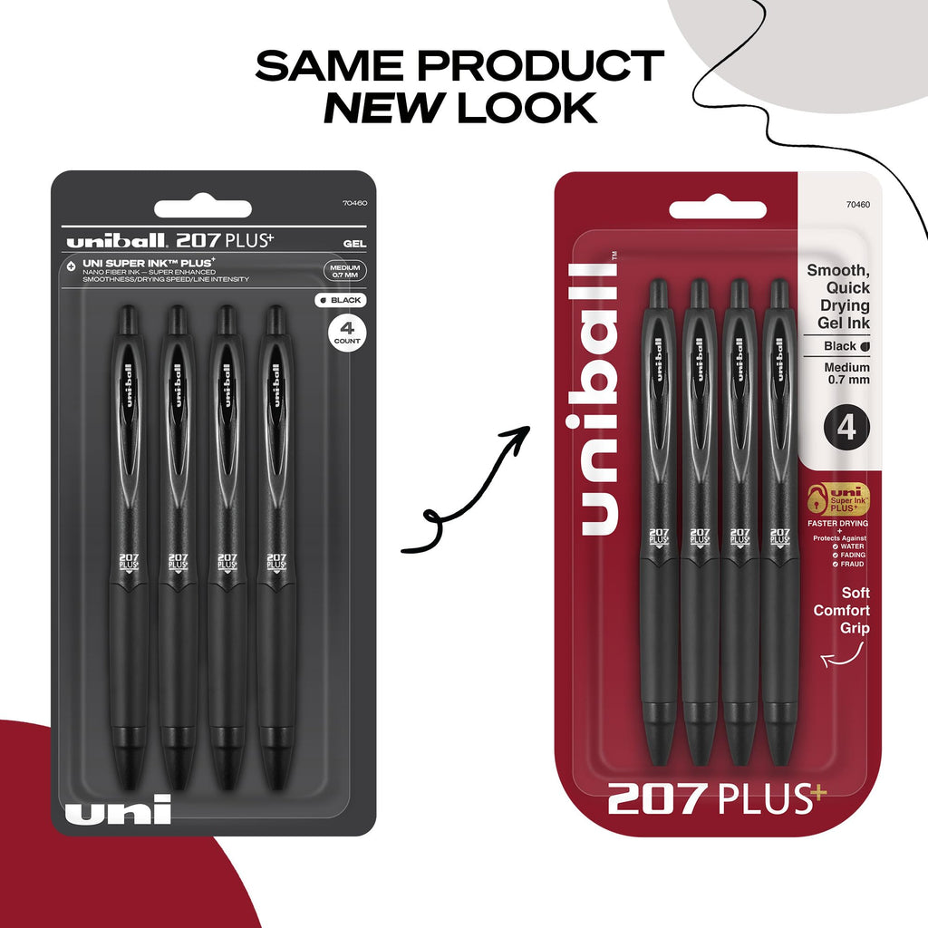 207 Plus+ Retractable Gel Pens, Medium Point (0.7mm), Black, 4 Pack
