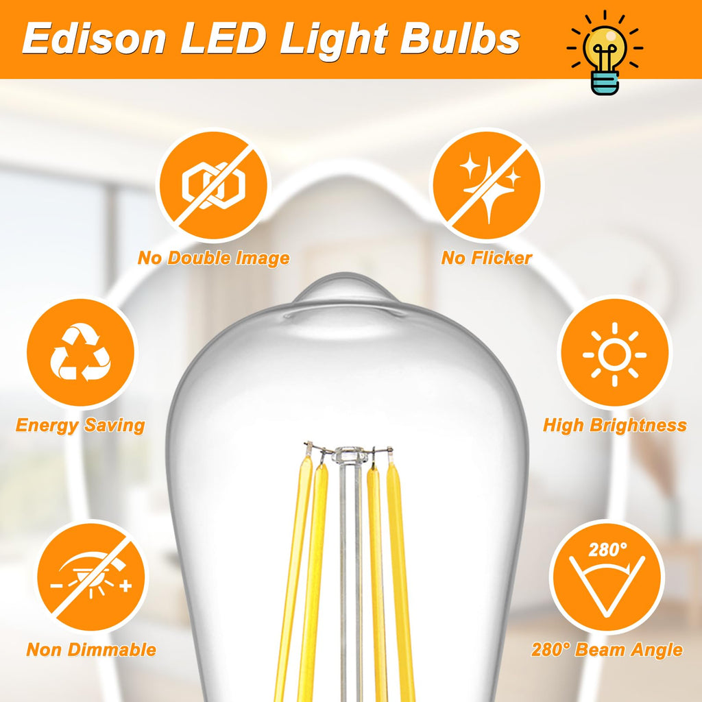 Ascher Vintage LED Edison Bulbs, 6W, Equivalent 60W, Non-Dimmable, High Brightness Cool White 4000K, ST58 Antique LED Filament Bulbs with 80+ CRI, E26 Medium Base, Clear Glass, Pack of 6