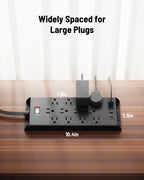 Surge Protector Power Strip 4800J, 10Ft Long Extension Cord Flat Plug, 12 Outlets 2 USB C 2 USB Ports, Wall Mountable, Desk Charging Station, Black
