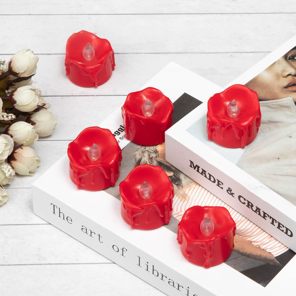 Windshell Red Flickering Flame Tealight Candles with 6H Timer (No Remote), Melting Design, Battery Operated LED Flameless Tea Lights for Party, Wedding, Christmas and Valentine's Day, Pack of 12